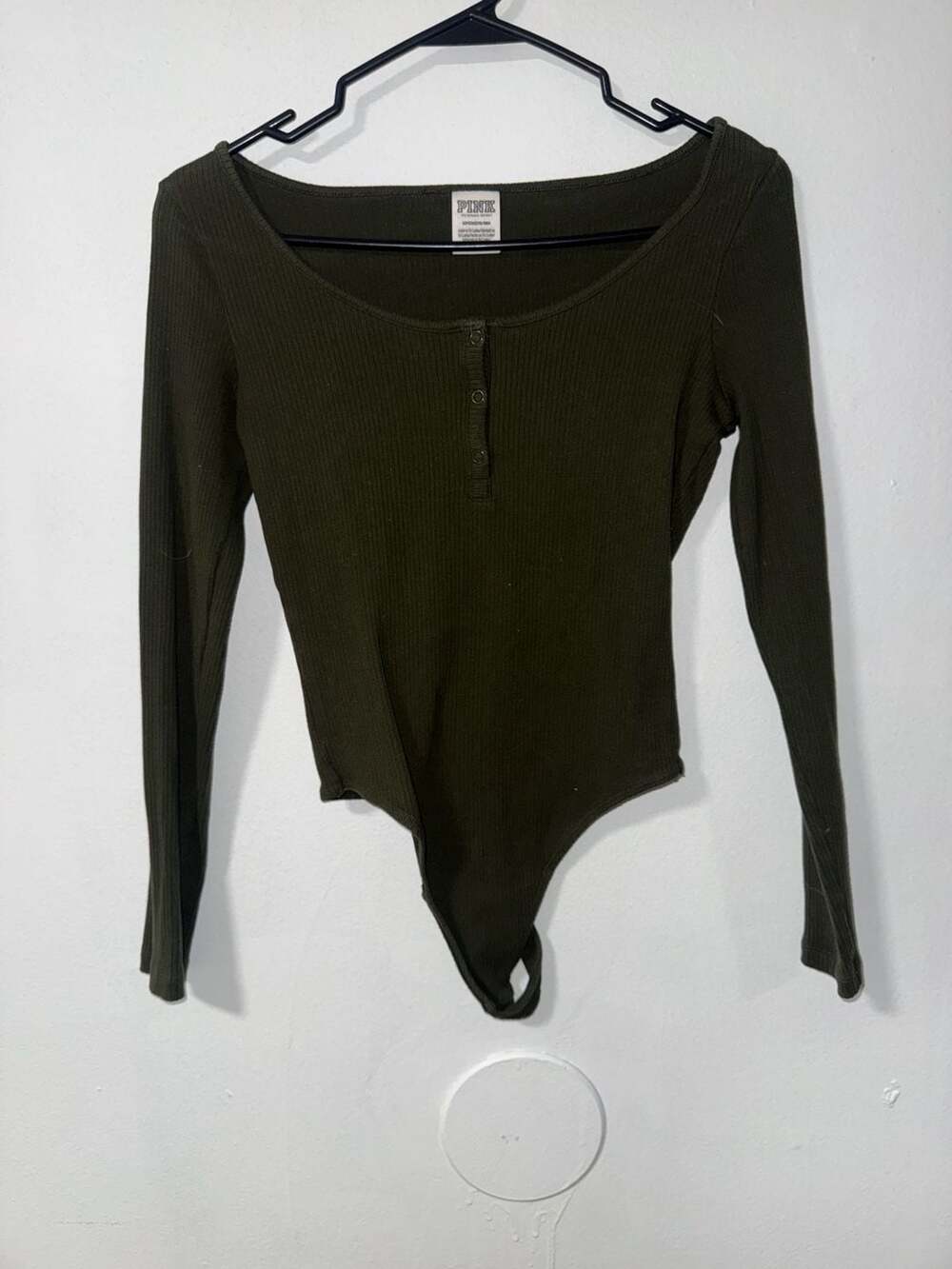 PINK Victoria's Secret Olive Green Ribbed Long Sleeve Henley Bodysuit Size S